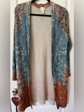 Chico’s Boho Paisley Open Front Cardigan Size 1 Medium Blue Rust Long